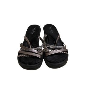 Skechers Size 9 Black Sparkly Strapped Wedges Open-Toed Memory Foam Sandals